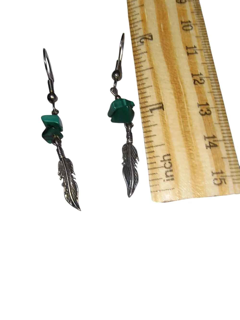 Green Malachite And Sterling Silver Feather Dangle Artisan Earrings